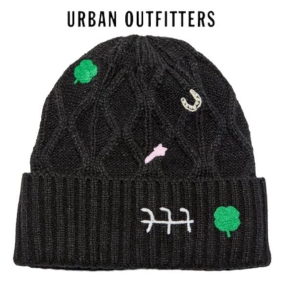 NEW Urban Outfitters UO Bella Embroidered Black Hat Beanie - Picture 1 of 3